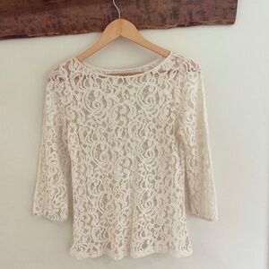 LOFT | Cream Delicate Embroidered Floral Sheer Lace Top Blouse Shirt